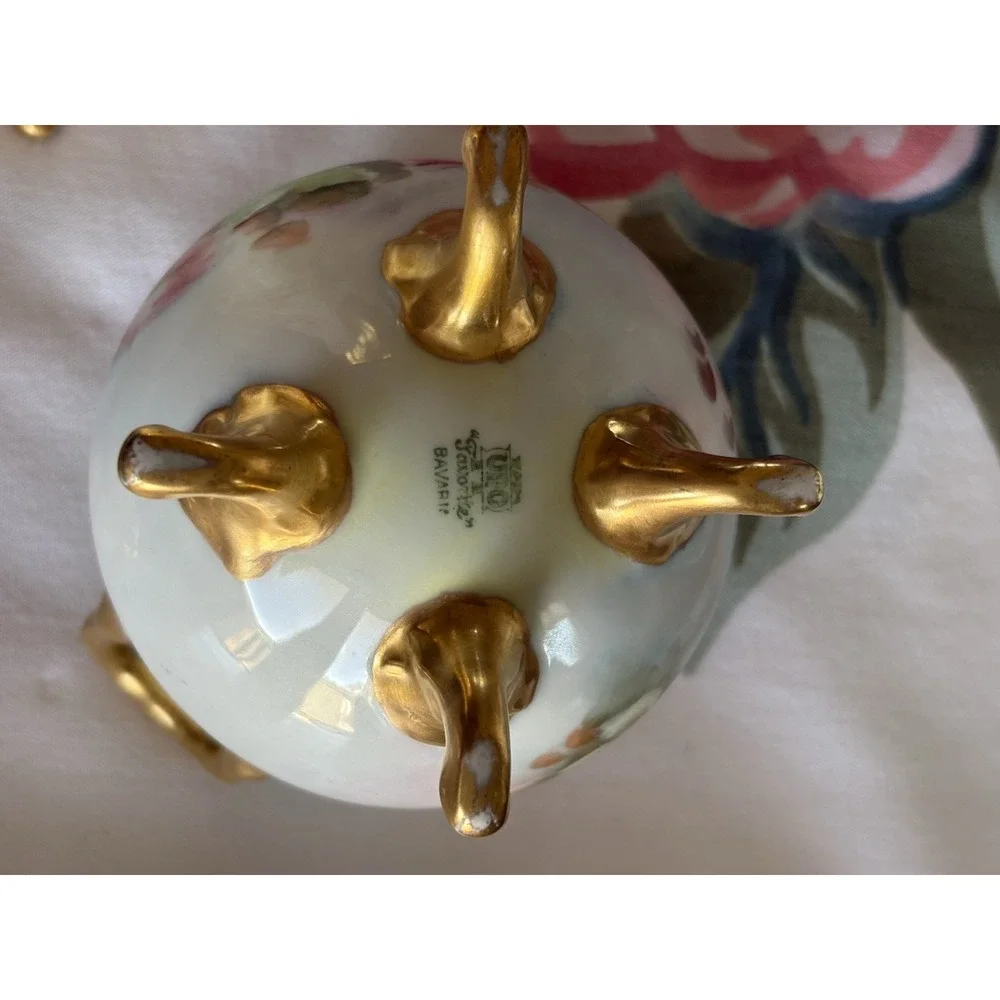 VTG Signed UNO Favorite Bavaria Hand Painted Sugar Creamer Rose Floral Gold Trim